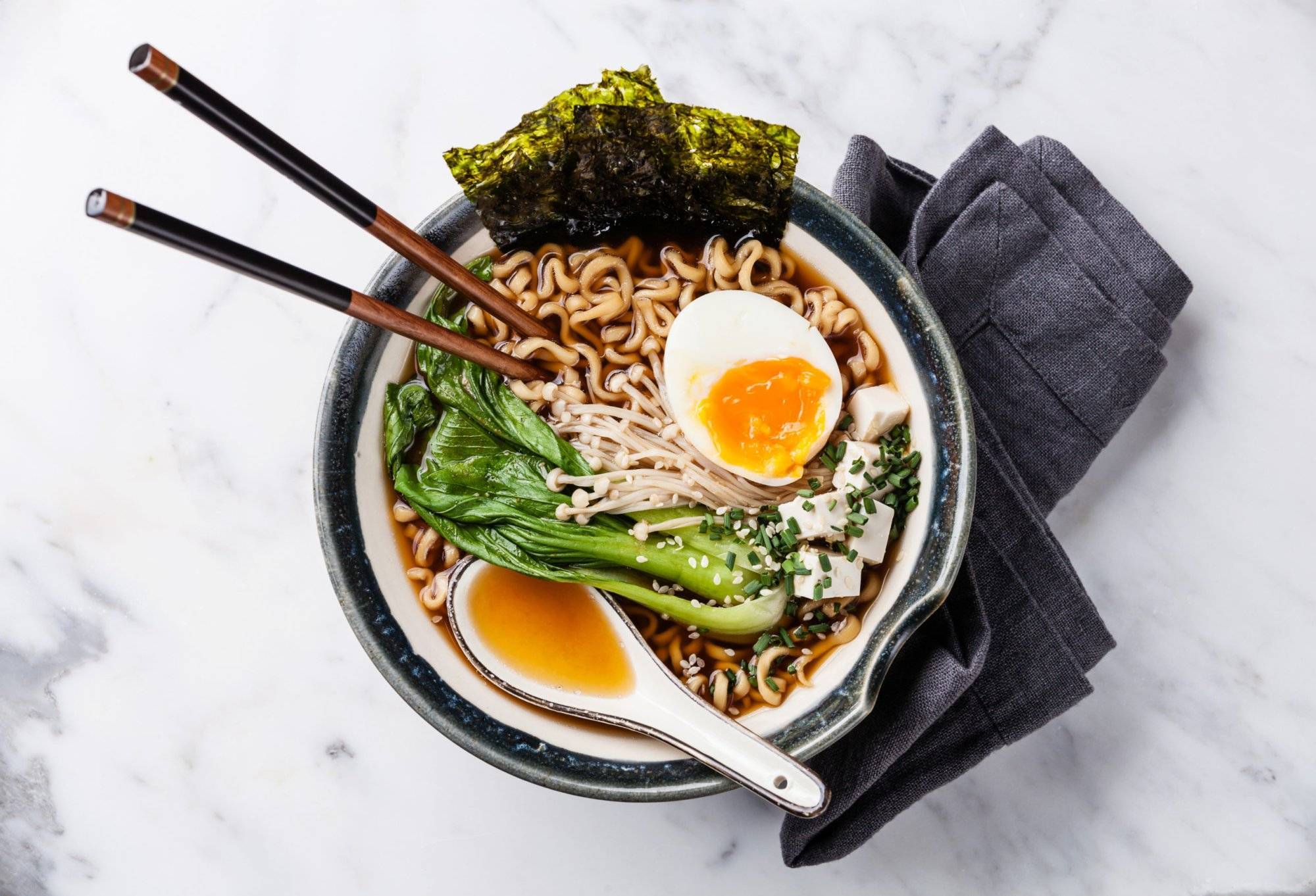 Miso Ramen noodles with egg, enoki and pak choi